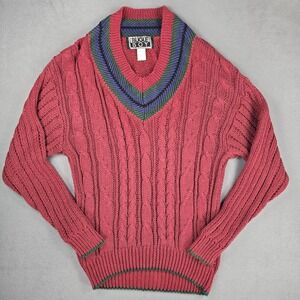 Vintage Bugle Boy Sweater Mens Large Pink Cable Knit V Neck Cricket Preppy 90s